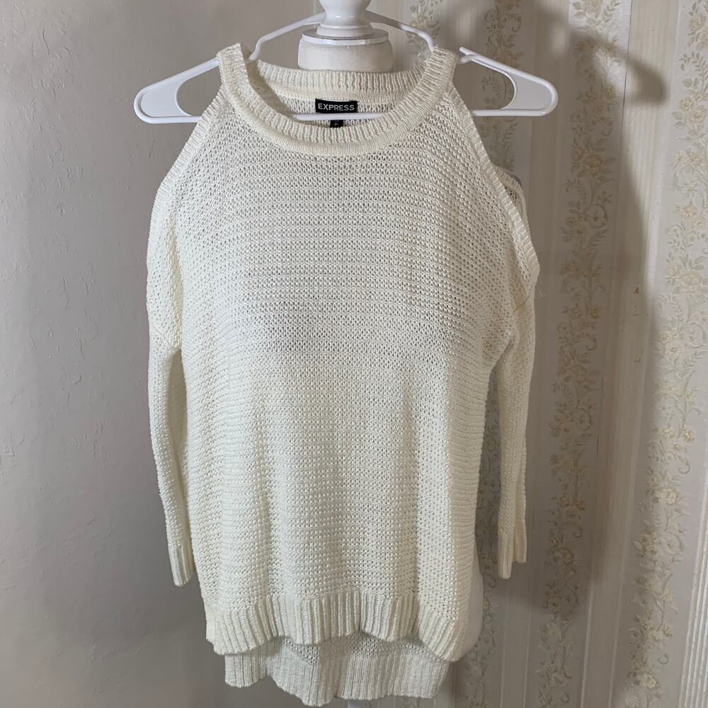 Express Womens Sweater Size S Bare Shoulder White Long Sleeve
